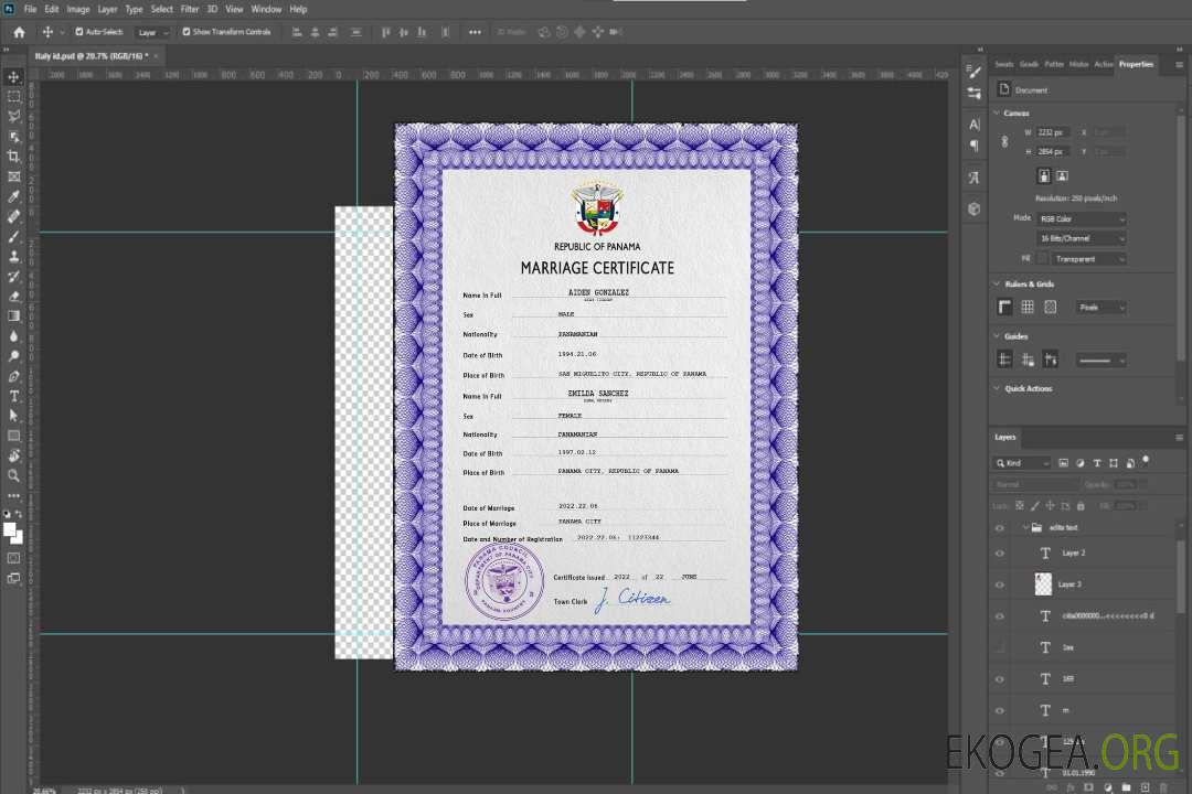 Modèle PSD de certificat de mariage au Panama template